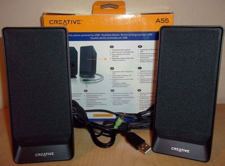 Creative A55 Speaker System, Black, USB powered stereo speakers, Built-in base port for extended bass, Easy connectivity with 3.5mm stereo jack, Magnetically-shielded speaker allow freedom of placement, UPC 054651187825 (A-55 A5-5)