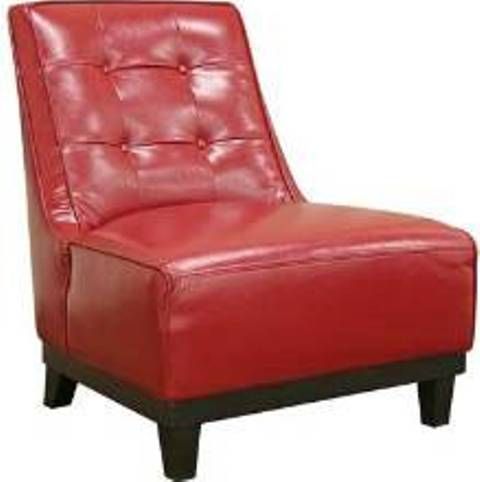 Wholesale Interiors A-703-067 Lintlaw Red Leather Modern Club Chair, Contemporary club chair, Bold red bonded leather, High-density polyurethane foam cushioning, Wood frame, Black base and legs, Piped leather edges and red covered buttons, 17