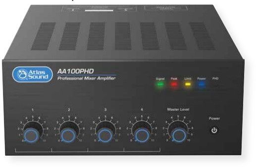 Atlas Sound AA100PHD 4 Input, 100 Watt Mixer Amplifier with Automatic System Test (PHD); Black; Four input channel mixer amplifier designed for distributed business paging and background music; 100W Into 25V, 70.7V and 4 Ohm Loads; Automated Diagnostic System Test (Push Here Diagnostic); Two Balanced Mic or Line or Tel Inputs w or Phantom Power; UPC 612079190850 (AA100PHD AA100-PHD ATLASAA100-PHD ATLAS-AA100PHD AMPAA-100-PHD AMP-AA100PHD)