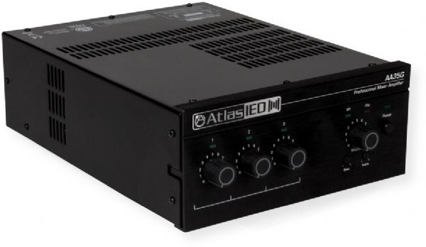 Atlas Sound AA35G 3 Input, 35 Watt Mixer Amplifier with Global Power Supply; Black; Ideal for paging, background music, and music on hold (MOH) applications; Balanced mic, line input, zone 2, and dual RCA stereo music inputs; Priority muting by VOX or external switch; UPC 612079662425 (AA35G AA35-G ATLASAA35G ATLAS-AA35G AMPAA35G AMP-AA35G)