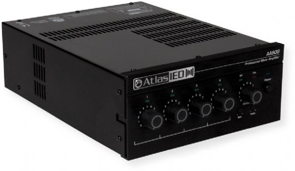 Atlas Sound AA60G 4 Input, 60 Watt Mixer Amplifier with Global Power Supply; Black; Ideal for paging, background music, and music on hold (MOH) applications; Balanced mic, line input, zone 2, and dual RCA stereo music inputs; Priority muting by VOX or external switch; UPC 612079662432 (AA60G AA60-G ATLASAA60G ATLAS-AA60G AMPAA60G AMP-AA60G)