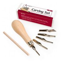 Heritage Arts AB12010 Linoleum and Vinyl Carving Set; This cutting tool set is designed for linoleum, hard and soft rubbers and vinyls, and soft woods like balsa and bass wood; Set includes a beechwood handle with unique blade remover and five specially selected 0.6mm cutting blades: #1 V-shape, #2 small U, #3 (3mm) U, #4 U (4.5mm) gouges, and blade knife cutters; UPC 088354932123 (HERITAGEARTSAB12010 HERITAGEARTS-AB12010 AB12010 CARVING CRAFTS) 