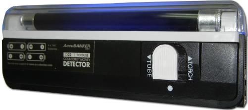 AccuBANKER D22 Counterfeit Detector; Compact and Portable; Powerful ultraviolet light detector; Incandescent light for watermark verification; Quick-and-easy turn on/off by rotation feature; Anyone can use it; Lightweight; Battery operated - 4 AA batteries not included (ACCUBANKERD22 ACCUBANKER-D22 D-22)