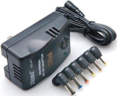 Hosa Technology ACD-477 Universal Power Adaptor; Auto-detection of AC input from 100 to 240 V for global use; Selectable DC output for 3, 4.5, 6, 7.5, 9, or 12 V operation; Six interchangeable plugs to fit most small electronic devices; A green LED to indicate power on and proper operation; UPC 728736037519 (ACD477 ACD 477 AC-D477) 