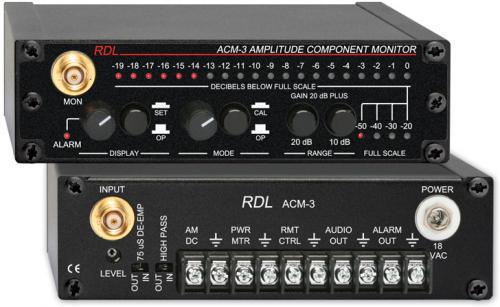 Radio Design Labs RDL-ACM3U Amplitude Component Monitor Upgrade; Upgrades ACM-2 to the ACM-3; BNC Ouput Connector; Maximize FM Transmitter Performance; Maintain Clarity; Maximize Loudness; Maximize Stereo Separation; Reduce Subcarrier Crosstalk; Maximum Input Signal: 30 V (combined filtered carrier + AM); Measurement Range: -20 dB to -69 dB (front-panel display), -10 dB to -90 dB (front-panel scope jack); Residual Noise: less 95 dB below 100% amplitude modulation (ACM3U ACM-3/U ACM3U BTX)