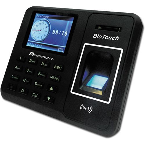 Acroprint 01-0276-000 BioTouch Self-Contained Automatic Biometric Fingerprint, Proximity Time Clock; Fully self-contained, sets up in minutes, no software to install, no network to configure; Data is transferred to and from the time clock via a USB Memory Stick (included); Accommodates up to 500 employees templates; Stores up to 20,000 punches; (ACROPRINT 01027600 01 0276 000 01-0276-000 BIOTOUCH TIME CLOCK)