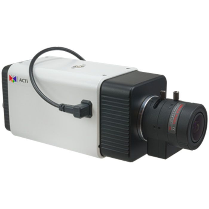 ACTi A23 Box with D/N, Extreme WDR, SLLS, Vari-focal Lens, 3 Megapixel; 3 Megapixel; Day and Night with Superior Low Light Sensitivity; Vari-focal Lens with f2.8-12mm/F1.4-F2.8, P-Iris; Extreme WDR; H.265 Compression; Wide Angle; Event trigger, response and notification; Dimensions: 10.7