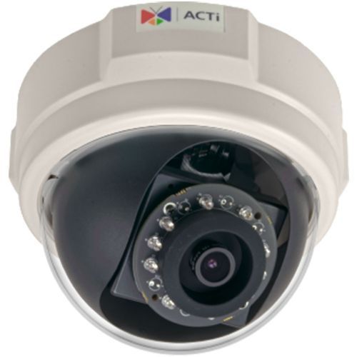 ACTi E58 Indoor Dome with Day and Night, 2MP, Adaptive IR, Basic WDR, SLLS, Fixed Lens, f3.6mm/F1.85, H.264, 1080p/30fps, DNR, PoE; 2 Megapixel; Day and Night with Superior Low Light Sensitivity and Adaptive IR LED; Fixed Lens with f3.6mm/F1.85; Wide Angle; Event trigger, response and notification; 1/2.8