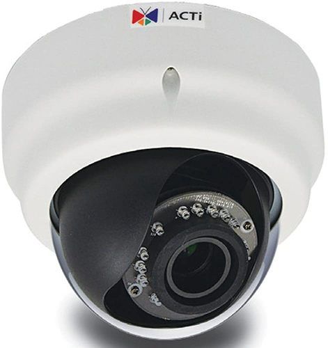 ACTi E63A Network Dome Camera with Night Vision, 5MP, Adaptive IR, Basic WDR, Vari-focal Lens, f2.8-12mm/F1.4, H.264, 1080p/30fps, DNR, Audio, MicroSDHC/MicroSDXC, PoE, IK09, DI/DO; 2592x1944 Resolution at 15 fps; IR LEDs for Night Vision up to 98'; 2.8-12mm Varifocal Lens; 66.62 to 28.88 degrees Horizontal Field of View; 2-Way Audio Communication; Supports microSDHC/SDXC Cards up to 64GB; UPC: 888034004405 (ACTIE63A ACTI-E63A ACTI E63A WIRED DOME 5MP)