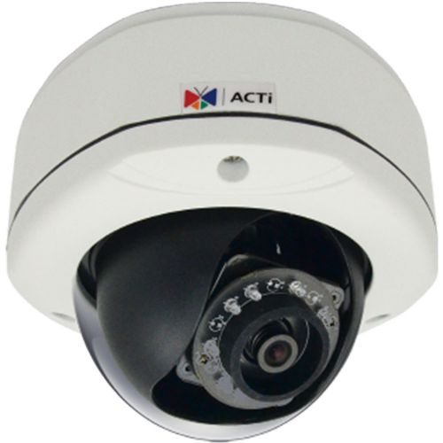 ACTi E71 Day and Night IR Outdoor Dome Camera, 1MP with Day and Night, Adaptive IR, Basic WDR, Fixed Lens, f2.93mm/F2.0, H.264, 720p/30fps, DNR, MicroSDHC/MicroSDXC, PoE, IP67, IK10; Basic WDR and Fixed Lens; Progressive scan CMOS sensor; Day and night function with mechanical IR-cut filter; Minimum illumination of 0 lux with IR LED On; Built-in f2.93 to 12mm/F2.0 Mp fixed lens; 30 fps at 1280x720 resolution; UPC: 888034001121 (ACTIE71 ACTI-E71 ACTI E71 WIRED DOME 1MP)