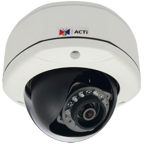 ACTi E73A Outdoor Network Dome Camera with Night Vision, 5MP, Adaptive IR, Basic WDR, Fixed Lens, f2.93mm/F2.0, H.264, 1080p/30fps, DNR, Audio, MicroSDHC/MicroSDXC, PoE, IP67, IK10, DI/DO; 2592x1944 Resolution at 15 fps; IR LEDs for Night Vision up to 98'; 2.93mm Fixed Lens; 82.3 degrees Horizontal Field of View; 2-Way Audio Communication; Supports microSDHC/SDXC Cards up to 64GB; RJ45 Ethernet with PoE Technology; UPC: 888034004122 (ACTIE73A ACTI-E73A ACTI E73A WIRED DOME 5MP)