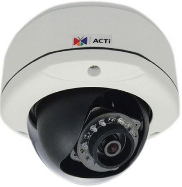 ACTi E83 Outdoor Dome Camera, 5MP with Day and Night, Adaptive IR, Basic WDR, Vari-Focal Lens, f2.8-12mm/F1.4, H.264, 1080p/30fps, DNR, MicroSDHC/MicroSDXC, PoE, IP67, IK10; 2592x1944 Resolution at 15 fps; IR LEDs for Up to 98.4' of Night Vision; 2.8-12mm Varifocal Lens; 69.2 to 28.2 degrees Horizontal FOV; Multiple Image Enhancements; 1/3.2