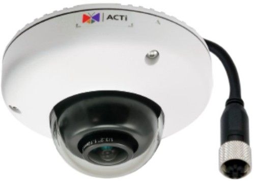 ACTi E921 Outdoor Mini Fisheye Dome, 5MP with Basic WDR, M12 Connector, Fixed Lens, f1.19mm/F2.0, H.264, DNR, Audio, MicroSDHC/MicroSDXC, PoE, IP68, IK10, EN50155; 5 Megapixel; Fisheye Lens with f1.19mm/F2.0; Basic WDR; 180/360 degrees Fisheye View; Event trigger, response and notification; Dimensions: 8