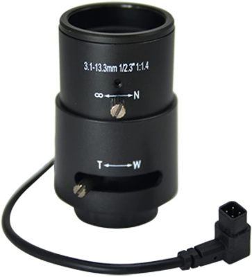 ACTi PLEN-2200 Vari-focal f3.1-13.3mm, DC Iris F1.4-4.0, Manual Focus, CS Mount Lens; For use with E271 (Bundled) Box Camera; 8.0mm fixed length; Board lens mount; Day/night functionality; Fixed focus with fixed lens; F1.8 fixed iris; Suitable for D91, D92, E91, E92 cameras; Dimensions: 5