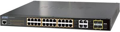 ACTi PPSW-1101 PLANET GS-4210-24PL4C 24-Port Gigabit 802.3at Managed PoE Switch (PoE Budget 440W); 30W PoE; PoE-Schedule; 802.1Q VLAN; mstp; 1GMP Snooping; IPv6/IPv4 ACLQoS; Web Client, Telnet; For use with Cube Cameras, Box Cameras, Bullet Cameras, Dome Cameras, PTZ Cameras, Covert Cameras, Doord Station and Video Encoder; Dimensions: 18.32