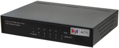 ACTi PPSW-2101 Eten PS-254 4-Port 802.3at PoE Switch (PoE Budget 62W); Data Switch Type; 4-Port 802.3at PoE Switch, (PoE Budget 62W); 5 ethernet ports; 30 Watts per port PoE output maximum; 62 W PoE power budget Maximum; For use with Cube Cameras, Box Cameras, Bullet Cameras, Dome Cameras, PTZ Cameras, Covert Cameras, Doord Station and Video Encoder; Dimensions: 4.819