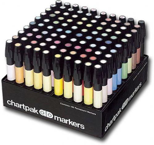 Chartpak AD100 AD, Marker 100-Color Set; Non-toxic, solvent-based markers do not streak or feather and are ideal for artistic use on traditional and non-traditional surfaces such as paper, acrylics, ceramics, and more; Colors subject to change; Dimensions 9