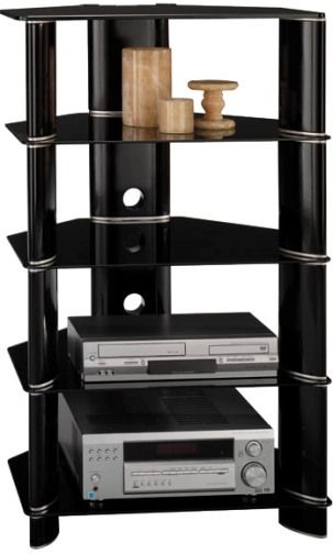 Bush AD11840-03 Segments Audio Tower, Rear wire access and concealment, Fixed, tempered glass shelves, Tested for tip stability, High gloss black finish, Solid wood segments separated by decorative metal rings (AD1184003 AD11840 03 AD11840 03 AD11840) 