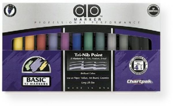 Chartpak AD12SET AD Marker 12 Color Basic Set; Non toxic, solvent based markers do not streak or feather and are ideal for artistic use on traditional and non traditional surfaces such as paper, acrylics, ceramics, and more; Set contains 12 colors; Colors are subject to change; Made in USA; UPC 014173168122 (AD12SET AD12 AD-12SET CHARTPAKAD12SET CHARTPAK-AD12SET CHARTPAK-AD-12SET)