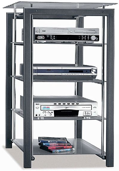 Bush AD44140-03 Audio Tower Gray Metallic/Chrome Platinum Mist Collection, Coordinates with VS44150-03 Video Base, Tempered glass shelves rest on vibration-dampening rubber pads for enhanced sound quality,  Coordinates with Video Base VS44150-03 (AD4414003   AD-4414003   AD-44140-03 AD44140) 