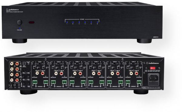 AudioSource AD5012 Digital Power Amplifier, 6 zones & 12 channels, 50W per channel at 8_ & 4_, 100W mono, Independent channel & 2 bus inputs, 12 independent gain controls, Rear panel bass & treble controls, Optical line input, Front panel diagnostic LEDs, Signal sensing power on & 12V DC trigger on, UPC 041087906601 (AD5012 AD-5012 AD 5012)