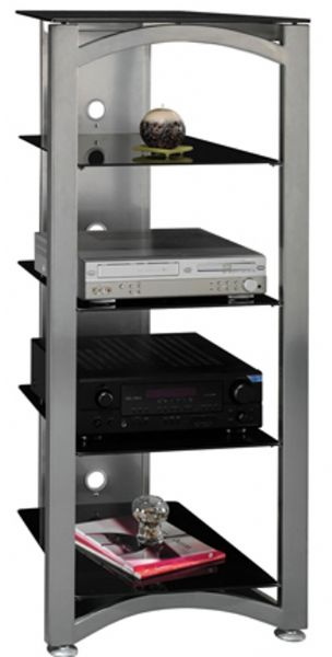 Bush AD97140-03 Belize Audio Tower, Tempered glass shelves, Sleekly curved metal frame, Tested for tip stability, Rear wire access and concealment with openings in post, Satin Black with Silver Metallic finish, Front panels are hinged for easy component loading (AD97140 03 AD9714003 AD97140)