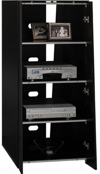 Bush AD97840-03 Denali Audio Tower, Hinged front panels for easy component loading, Rear wire access and concealment in the spine, Tempered glass shelves, Satin Black with Silver Metallic finish, Front panels are hinged for easy component loading, Fixed, tempered glass shelves, Accommodates most 36