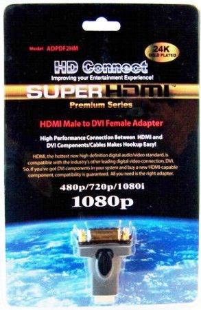 HD Connect ADPDF2HM Female HDMI Male Adapter, Connects a DVI-D or DVI-I digital display to a device with an HDMI display output, Allows HDMI Type A cables to be connected to a device with a DVI-D or DVI-I input, Supports digital signals only, Connectors: HDMI Type A Female to DVI-D Single Link Male, UPC 792885220108 (ADP-DF2HM ADP DF2HM AD-PDF2HM)