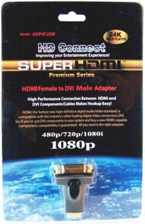 HD Connect ADPHF2DM HDMI Female DVI Male Adapter, Input DVI Female Connection In, Output HDMI Male, DVI-D 25-pin to HDMI (Female to Male), Converts DVI-D connector or cable for use with an HDMI plug, Gold-plated contacts, Supports hot plugging of DVI & HDMI display devices, Supports Hi-Definition video signals, UPC 792885220115 (ADP-HF2DM ADP HF2DM AD-PHF2DM)