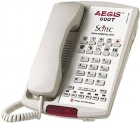 Scitec AEGIS 600T Two-Line Hotel Phone with Speakerphone, 10 Programmable Guest Service Keys, Smart Data Port recognizes open line, Patented One-Touch Voice Mail Retrieval Touchbar, Automatic Electronic Line Selection, Smart NEON/LED Message Waiting Light, Smart Line Upgrade Switch, Hands-Free Key, Volume Control Key (AEGIS600T AEGIS-600T)