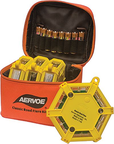 Aervoe 1147 Classic Road Flare Kit, 4 flare kit with Amber LEDs, Yellow; 4 yellow flares and soft sided nylon carry bag; Crushproof; Waterproof and will float; 7 Flash patterns; Visible up to 1 mile; Magnet to attach to any magnetic surface; Includes 8 AA replaceable batteries and 2 hex wrenches for battery replacement; Operating Temperature 14F to 122F; Weight 3 lbs; UPC 088193011478 (AERVOE1147 AERVOE-1147 AERVOE 1147)