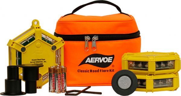 Aervoe 1147x Classic Road Flare Kit, 3-flares with Amber LEDs and Flare Holders, Yellow; 3 Yellow flares with amber LEDs; Soft sided nylon carry bag; Includes 6 AA batteries; 2 hex wrenches for battery replacement; Operating Temperature 14F to 122F; Dimensions 5.25
