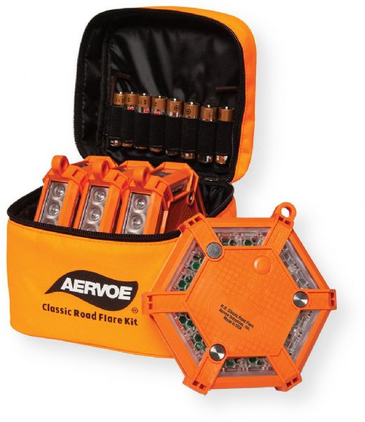 Aervoe 11480 HD Classic Road Flare Kit, Red LEDs; Kit Includes: 4x Flares, 8x AA Batteries, 2x Hex Wrenches, 1x Soft-sided Nylon Carrying Bag; Crushproof; Waterproof and will Float; 7 Flash patterns featuring S.O.S Rescue Morse Code; Strong Magnet to Attach to any Magnetic Surface; Made in the USA; UPC: 088193114803; Overall Dimensions: 12
