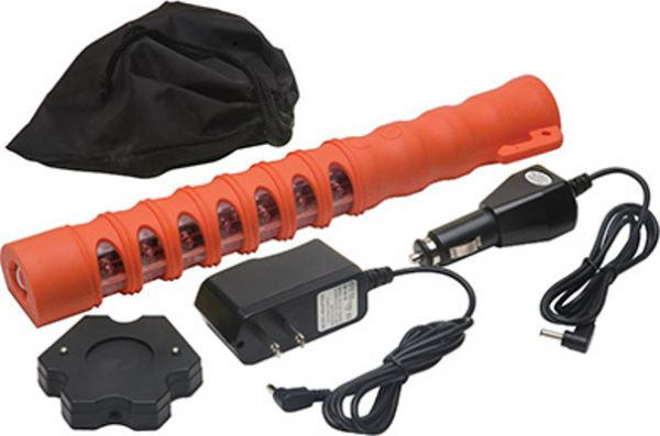 Aervoe 1155 Baton Traffic Flare, single flare with Red LEDs, Safety Orange; 15 red LEDs visible light range up to 1 mile; 1 Half-watt flashlight; Waterproof and will float; Crush proof; Corrosion proof; High strength magnets attach to metal surfaces; Rechargeable battery included, does not need to be replaced; UPC 088193011553 (AERVOE1155 AERVOE-1155 AERVOE 1155)