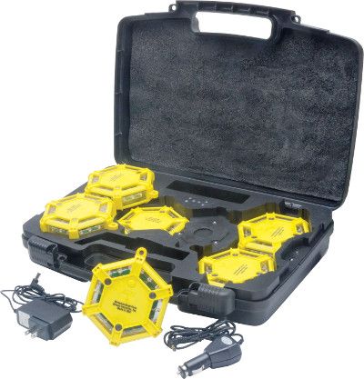 Aervoe 1162 Universal Road Flare, 6-flare kit with Amber LEDs with charging case, Safety Yellow; Universal Road Flare Kit contains 6 extremely durable, rechargeable 18-LED flares that are a safe alternative to incendiary flares; These flares are smokeless, flameless, non-toxic, waterproof, crushproof and come with an impact resistant rubber housing; UPC 088193011621 (AERVOE1162 AERVOE-1162 AERVOE 1162)