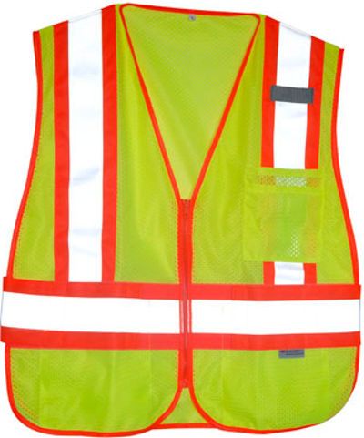Aervoe 1282 ANSI Class 2 Safety Vest, X-Large, Fluorescent Yellow Color; Heavy-duty metal zipper secures the front closure; Adjustable sides with hook and loop straps; Two vertical 2