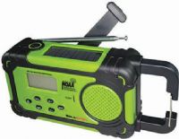 Aervoe 7415 Emergency Alert Radio and Flashlight, Green Color; AM/FM Weather Band; NOAA All Hazards Alert; Flashlight; Multi-charge such as Solar, Dynamo, USB (included), 120V AC and 12V DC (not included), AAA Batteries (not included); Rechargeable lithium ion battery; LCD display; Clock; Cell phone charger; Earphone jack; Antenna; Built-in carabineer clip; Dimensions 7.875"L x 2.875"W x 3.5"H; Weight 1.25 lbs; UPC 76937207415 (AERVOE7415 AERVOE-7415 AERVOE 7415) 