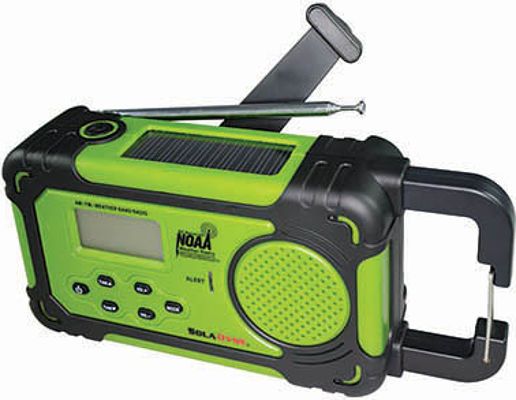 Aervoe 7415 Emergency Alert Radio and Flashlight, Green Color; AM/FM Weather Band; NOAA All Hazards Alert; Flashlight; Multi-charge such as Solar, Dynamo, USB (included), 120V AC and 12V DC (not included), AAA Batteries (not included); Rechargeable lithium ion battery; LCD display; Clock; Cell phone charger; Earphone jack; Antenna; Built-in carabineer clip; Dimensions 7.875