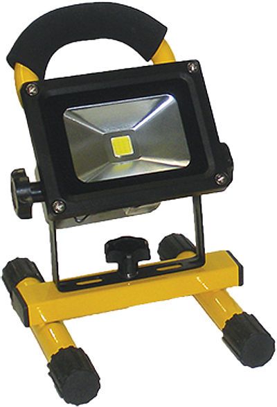 Aervoe 8711 10-Watt LED Work Light, Yellow Color; Rechargeable lithium ion battery; 1 10-watt Epistar LED; Angle adjustable light; Weather resistant; IP65 Rated; On/Off switch; Optional Metal Stand holds up to 2 Work Lights; Includeds 120V AC wall charger, 12V DC vehicle charger, Stand-alone base; Dimensions 5.75