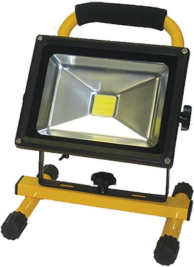 Aervoe 8712 20-Watt LED Work Light, Yellow Color; Rechargeable lithium ion battery; 1 20-watt Epistar LED; Angle adjustable light; Weather resistant; IP65 Rated; On/Off switch; Optional Metal Stand holds up to 2 Work Lights; Includeds 120V AC wall charger, 12V DC vehicle charger, Stand-alone base; Dimensions 8.5