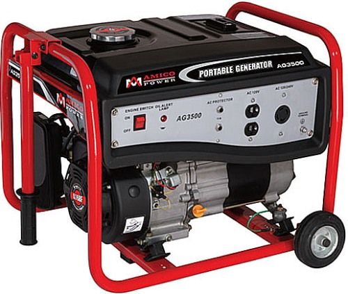 Amico AG3500 Portable Gasoline Generator, 2500 Watt Rating, 3000 Watts Surge, Low Noise 65 decibel, 20.8 Amps, 120 Volts & 240 Volts, Frequency 60 Hertz, A168FB Engine Series, 4 Gallon Fuel Capacity, Lower Fuel Consumption, AVR Adjust System, automatically stabilizes voltage, Easy Start Switch and Easy Pull Recoil Starter, UPC 689076956239 (AG-3500 AG 3500)