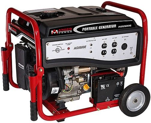 Amico AG5500E Portable Gasoline Generator, 5000 Running Watt and 5500 Peak Watt, Low Noise 70 decibel, 41.7 Amps, 120 Volts & 240 Volts, Frequency 60 Hertz, A188FB Engine Series, 6.42 Gallon Metal Fuel Tank with Fuel Gauge provides up to 12 Hour Run Time @ 50% Load, Lower Fuel Consumption, UPC 689076956437 (AG-5500E AG 5500E AG5500)