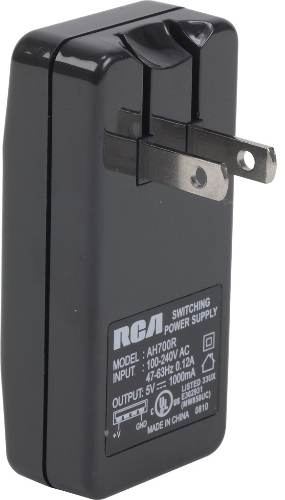 RCA AH700R AC to USB Charger; Charges and powers your USB devices without a computer; Plugs into standard 110-240V AC outlet; Provides 5V, 1000mA power; Built-in single USB charging outlet; Foldable AC plugs for easy storage; UPC 044476073588 (AH700R AH-700R)