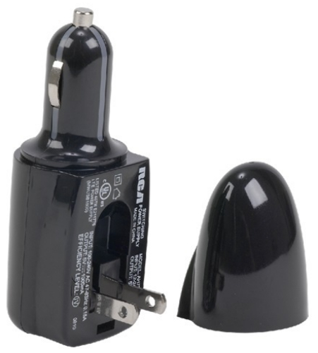 RCA AH730R AC/DC to USB charger, Charges and powers your USB devices at home or on the road, Plugs into standard 110-240V AC outlet for 5V/1000mA power, Plugs into DC power outlet in your car for 5V/600mA power, Cap and foldable AC outlets for easy storage, Also available in white (AH730PR), UPC 044476073670 (AH730R AH730R)