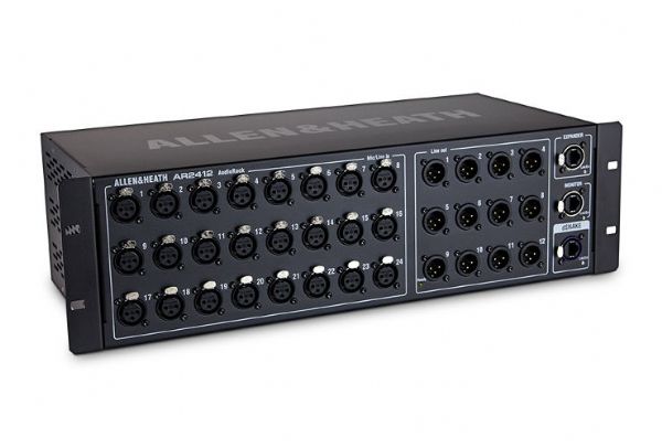 Allen And Heath AH-AR2-2412-BLK Main Remote Stage AR2412 24x12 Rack for GLD And Qu Mixers, Black; Main Stage Rack for GLD or Qu Mixers; 24 XLR Inputs; 12 XLR Outputs; Connects via Cat5; Dimensions 24.0