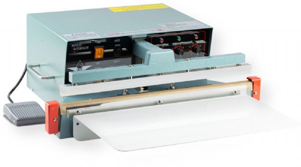 American International Electric AIE-610A1 Automatic Impulse Sealer; Controlled By A Transistorized Circuit Board And Electronic Timers; Uniform Pressure Is Provided By A Timer Controlled Electromagnet Pulling The Sealing Arm Down; Include An Electric Foot Pedal For Manual Operation; 24