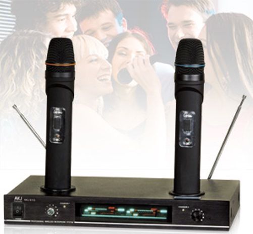 AmericanKJ AKJ6112 Wireless Plug-In-N-Recharge VHF Dual Channel Wireless Microphone System, Service Area 100 ft (30 M), Frequency Stability +/- 0.005%, Audio Frequency Response 80  15000Hz, Image and Spurious Rejection 45dB Minimum, S/N Ratio more than 75dB, Max. SPL more than100dB, T.H.D. less than 1% (AKJ-6112 AKJ 6112 AK-J6112)