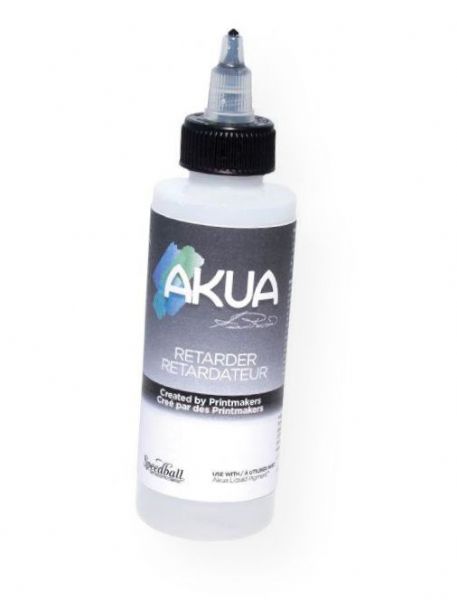 Akua AK1M 4 oz Clear Retarder; Used to slow drying rate and acts as a release; A few drops of retarder are required when printing on dry paper; Ideal for hot/cold, dry climates; Clear liquid; 4 oz; Shipping Weight 0.4 lb; Shipping Dimensions 1.69 x 1.69 x 6.00 in; UPC 893419000262 (AKUAAK1M AKUA-AK1M AKUA/AK1M PRINTING)