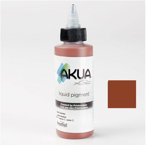 Akua AKBS Liquid Pigment Printmaking Ink 4 oz Burnt Sienna; Developed to deliver brilliant colors, intense blacks, and unmatched working properties; Made with the highest quality lightfast pigments with no chalk or suspending agents; Colors are exceptionally strong, yet transparent; Ideal for multi-layer printing for all monotype techniques; UPC 893419000187 (AKUAAKBS AKUA-AKBS LIQUID-PIGMENT-AKBS PRINTMAKING)