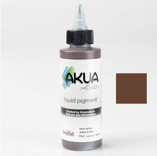 Akua AKBU Liquid Pigment Printmaking Ink 4 oz Burnt Umber; Developed to deliver brilliant colors, intense blacks, and unmatched working properties; Made with the highest quality lightfast pigments with no chalk or suspending agents; Colors are exceptionally strong, yet transparent; Ideal for multi-layer printing for all monotype techniques; UPC 893419000217 (AKUAAKBU AKUA-AKBU LIQUID-PIGMENT-AKBU PRINTMAKING)